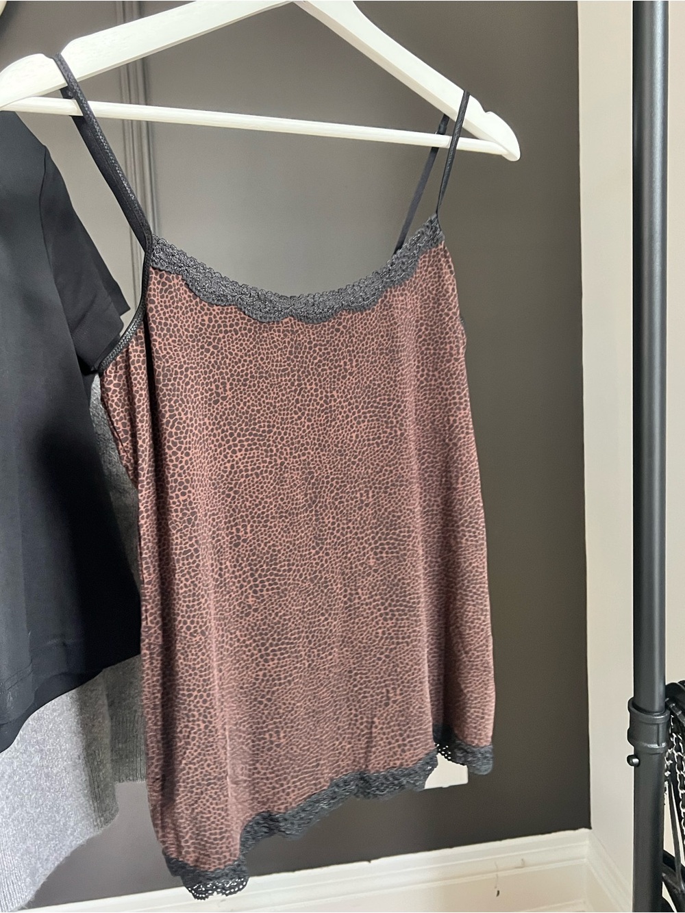 Lace-Trim Spaghetti Strap Tank Top in Brown